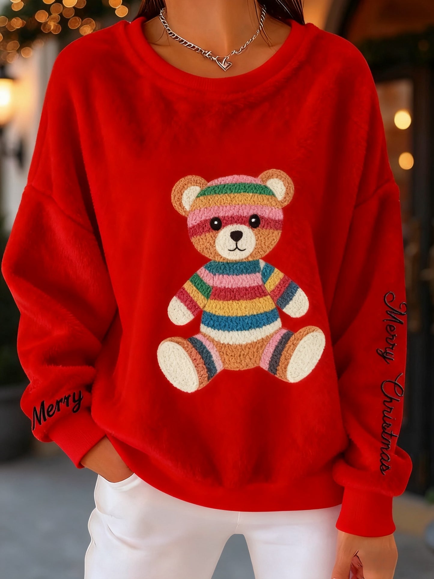 Retro Christmas Bear Art trykt Casual Loose Lang ærme Flannel Sweatshirt