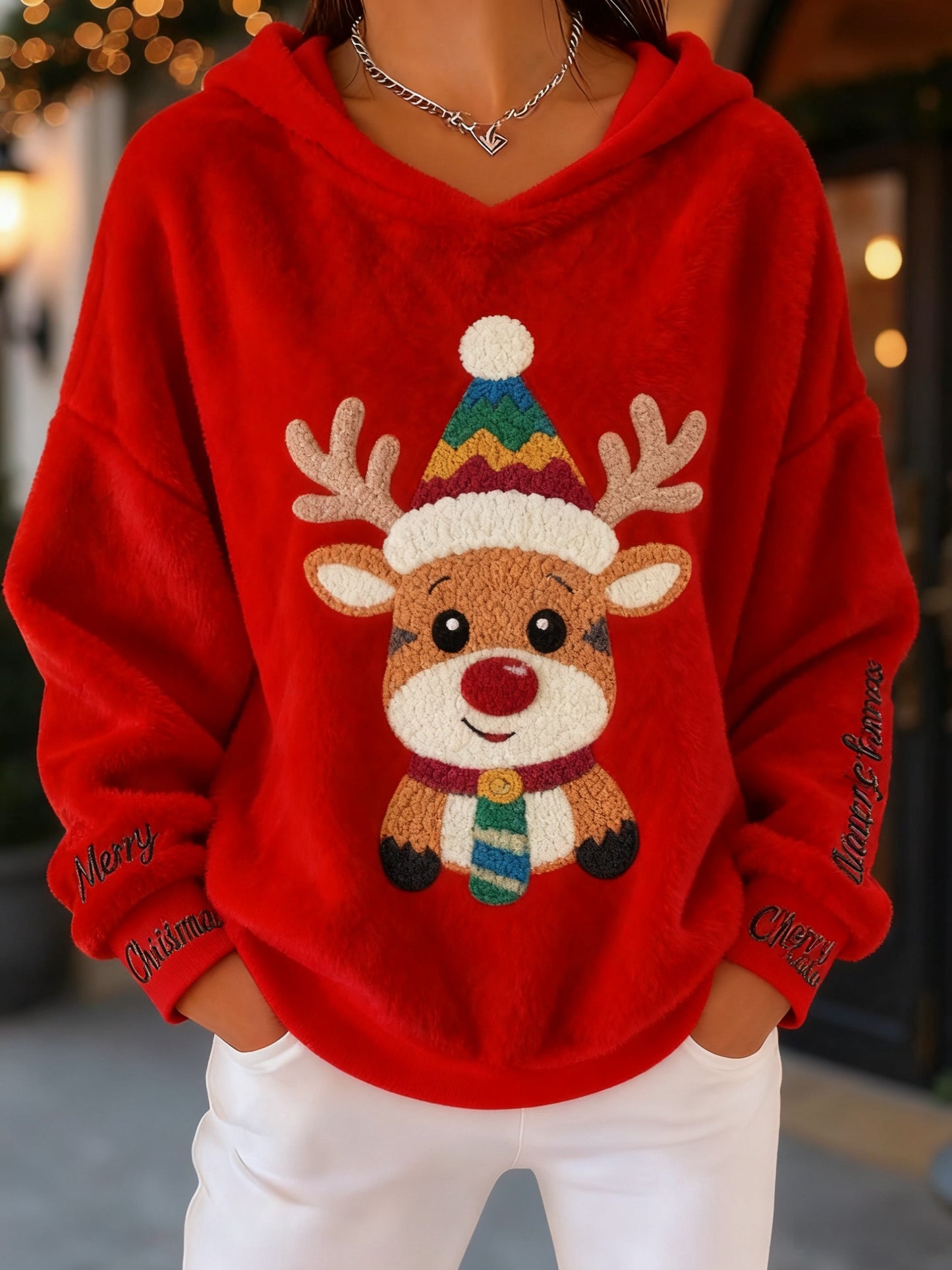 Retro jul rensdyr kunst trykt Casual Loose Lang ærme Flannel Sweatshirt