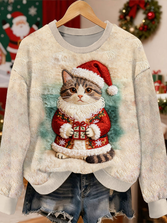 Gorgeous Christmas Cat Mønster Casual Lang ærmet Sweatshirt