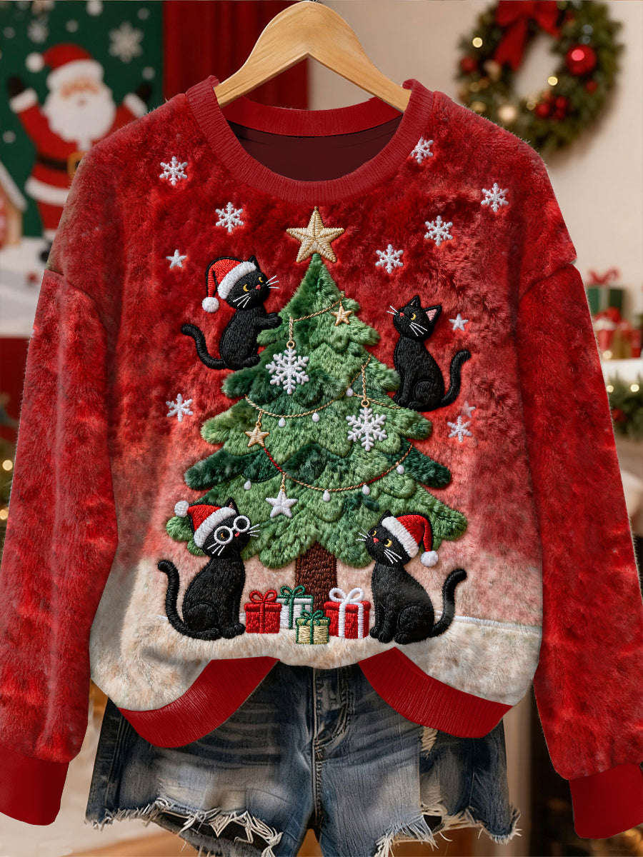 Gorgeous Christmas Black Cat Mønster Casual Lang ærmet Sweatshirt