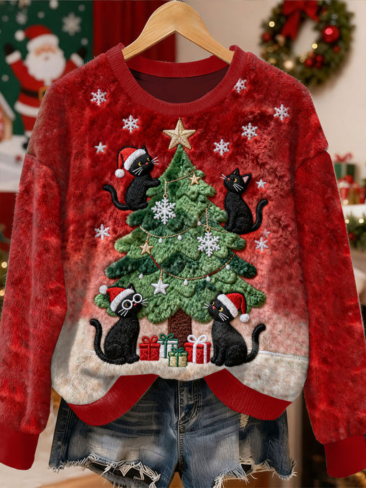 Gorgeous Christmas Black Cat Mønster Casual Lang ærmet Sweatshirt