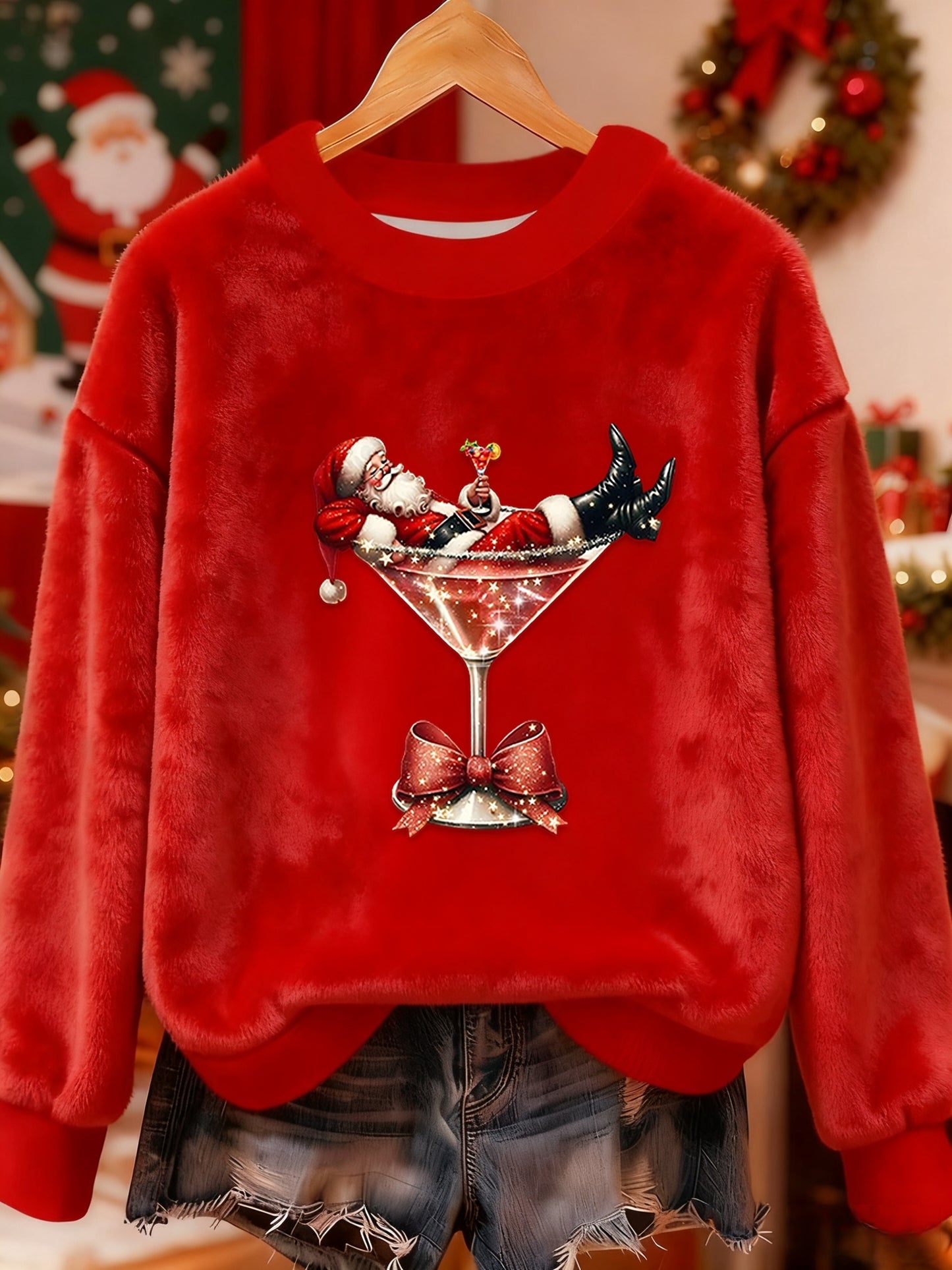 Retro Christmas Santa Claus Cocktail Print Komfortabel Flannel Sweatshirt