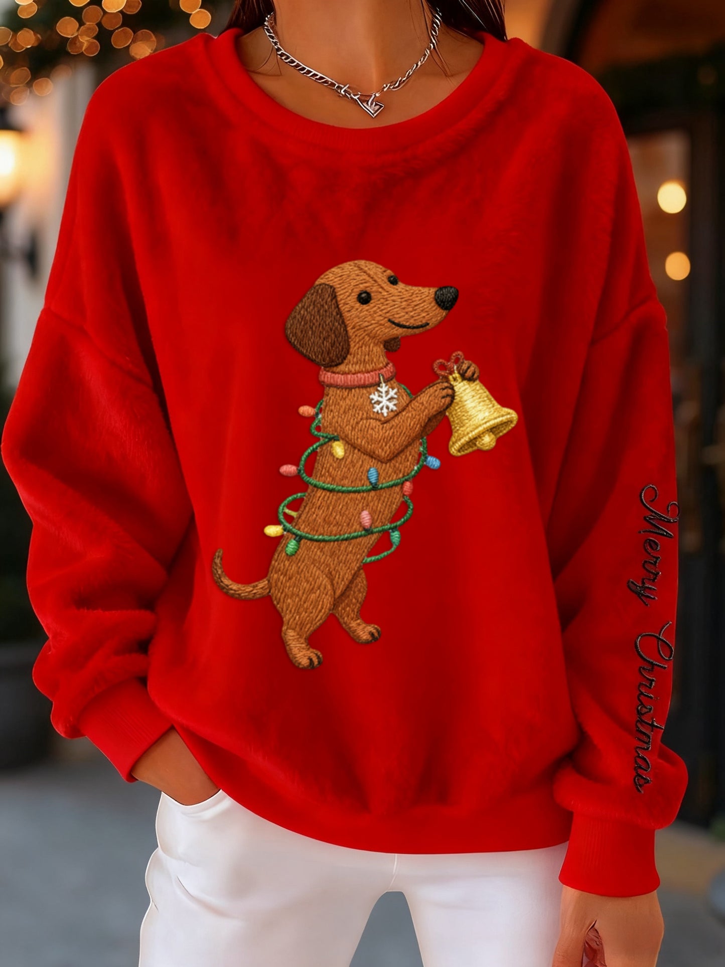 Retro Julelys Dachhund Print Komfortabel Flannel Sweatshirt