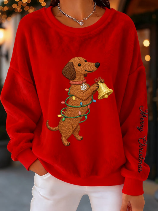 Retro Julelys Dachhund Print Komfortabel Flannel Sweatshirt