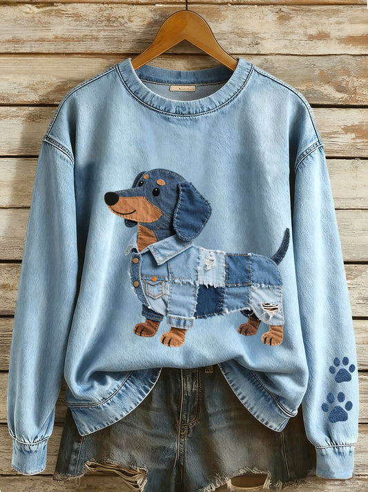 Kvinders Denim Patchwork Art Dachhund Hund Mønster Sweatshirt