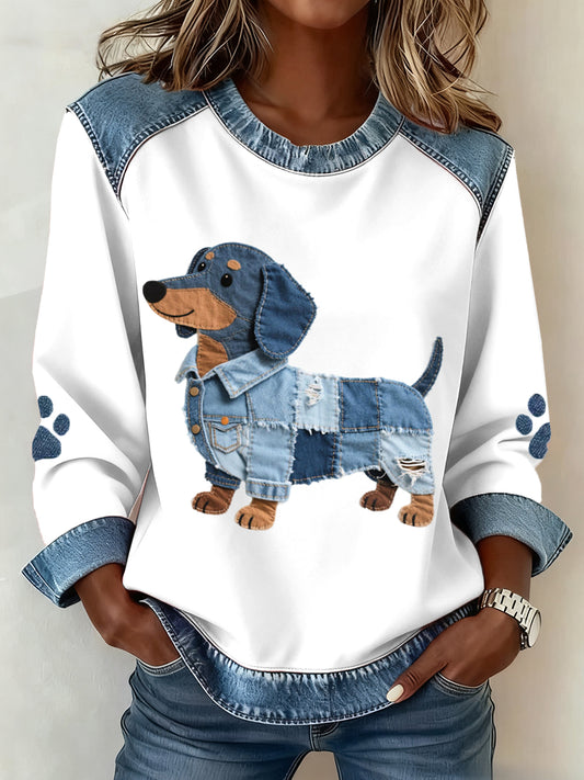 Kvinders hund mønster Denim Patchwork kunst sweatshirt