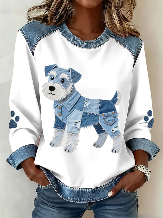 Kvinders Schnauzer hunde mønster Denim Patchwork kunst sweatshirt