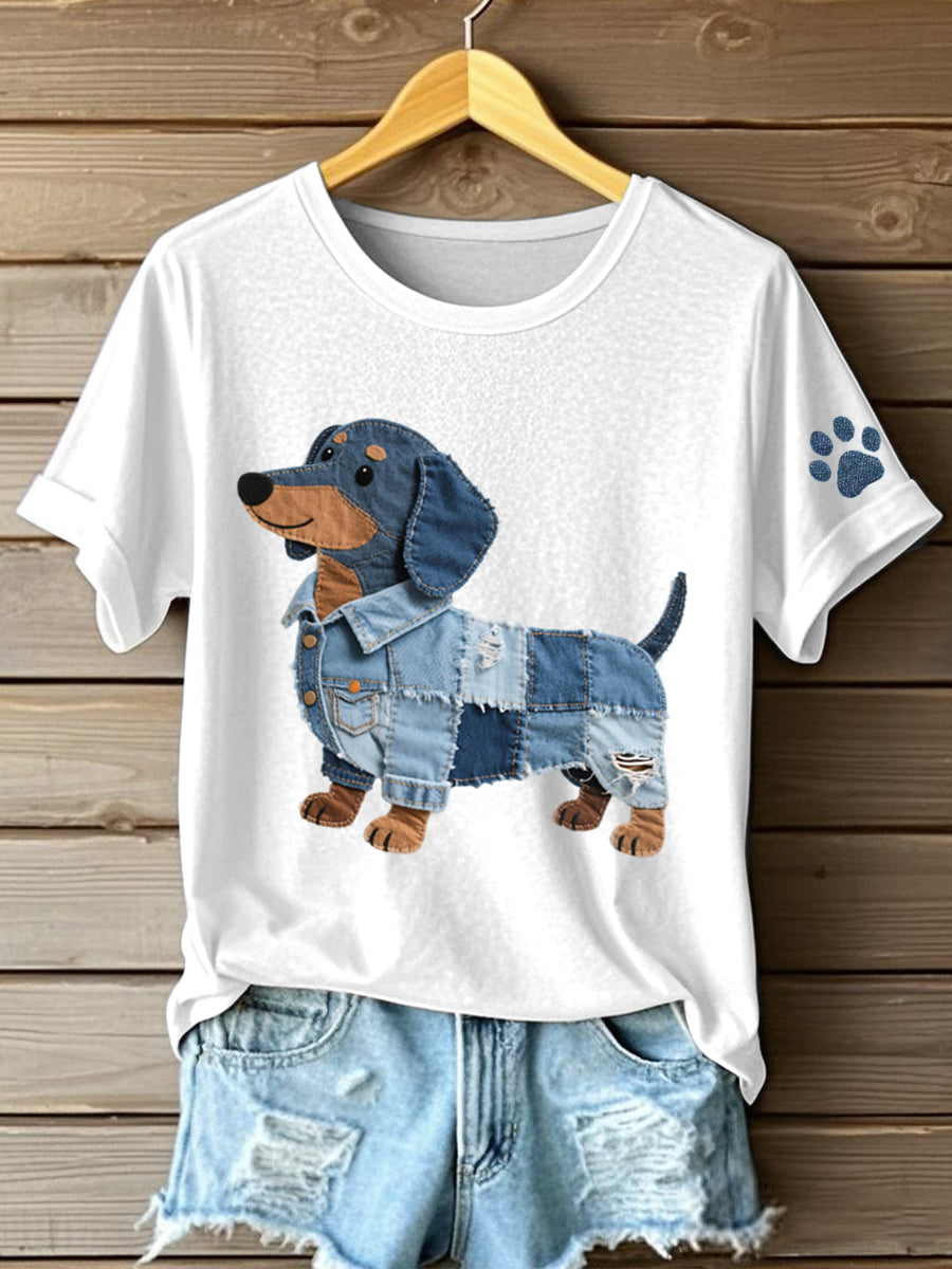 Kvinders Denim Patchwork Art Dachhun Mønster T-shirt