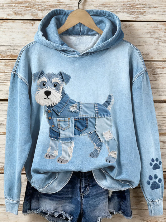 Kvinders Denim Patchwork kunst Schnauzer hund mønster Hoodies