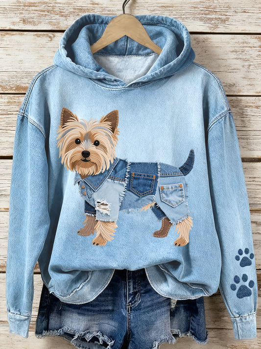 Kvinders Denim Patchwork Art Yorkshire Terrier Hund Mønster Hoodies