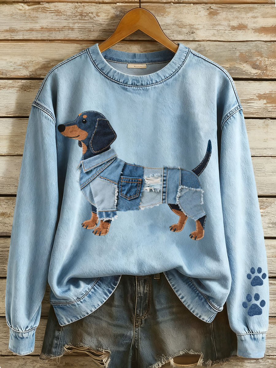 Kvinders Denim Patchwork Art Dachhun mønster sweatshirt