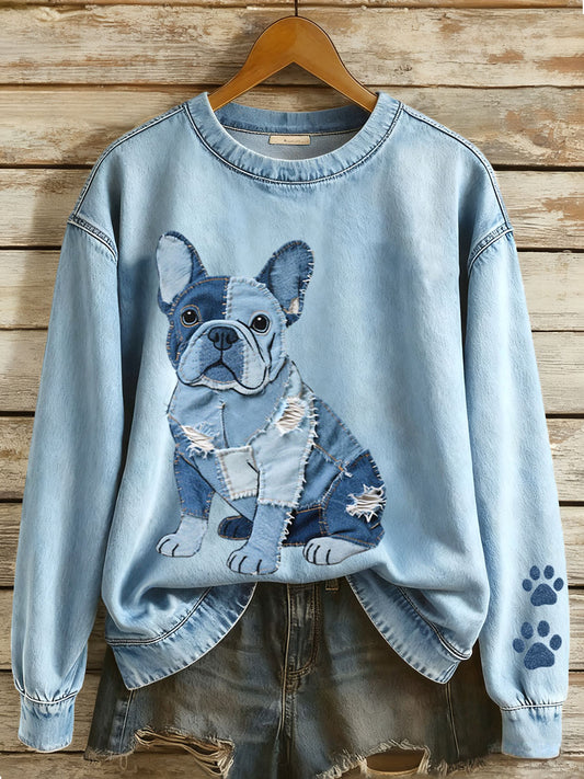 Kvinders Denim Patchwork Art Fransk Bulldog mønster sweatshirt