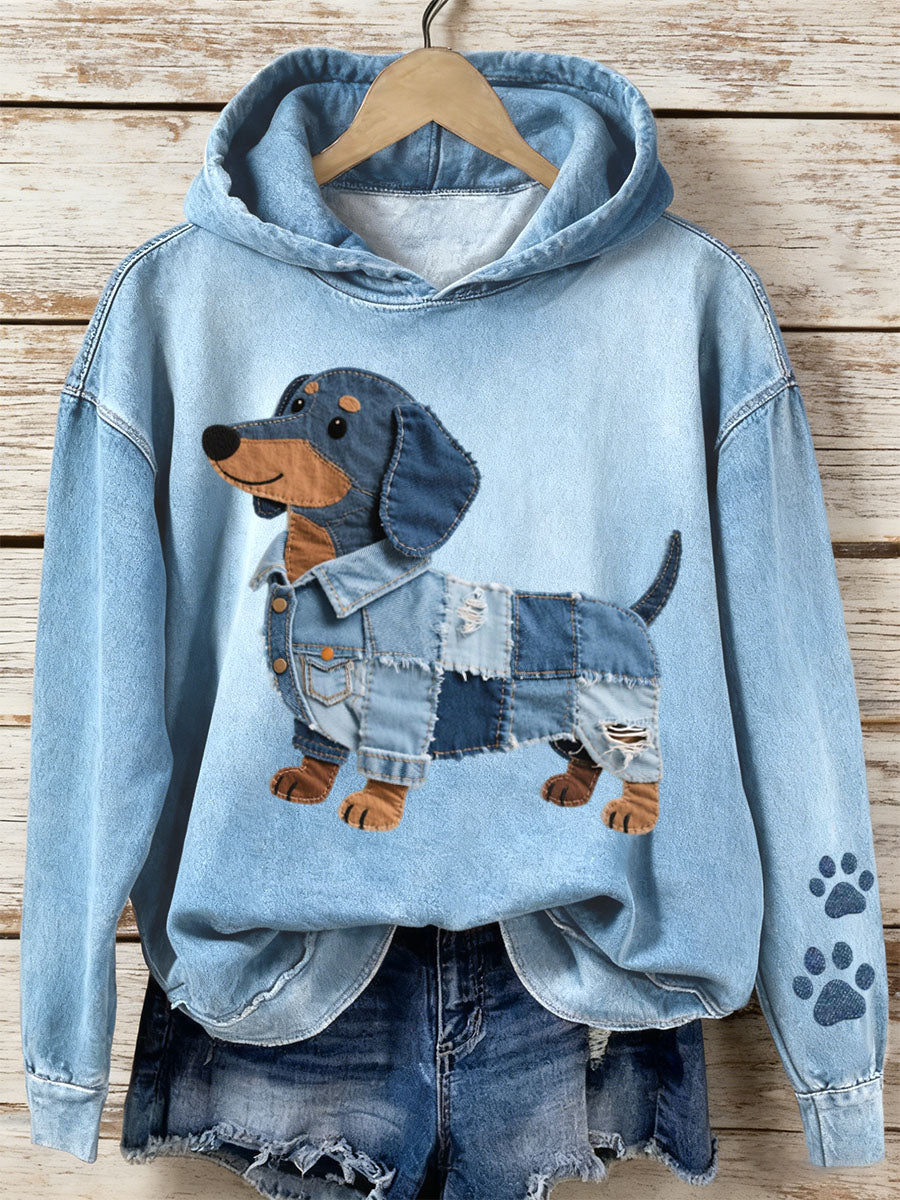Kvinders Denim Patchwork Art Dachhun Mønster Hoodie