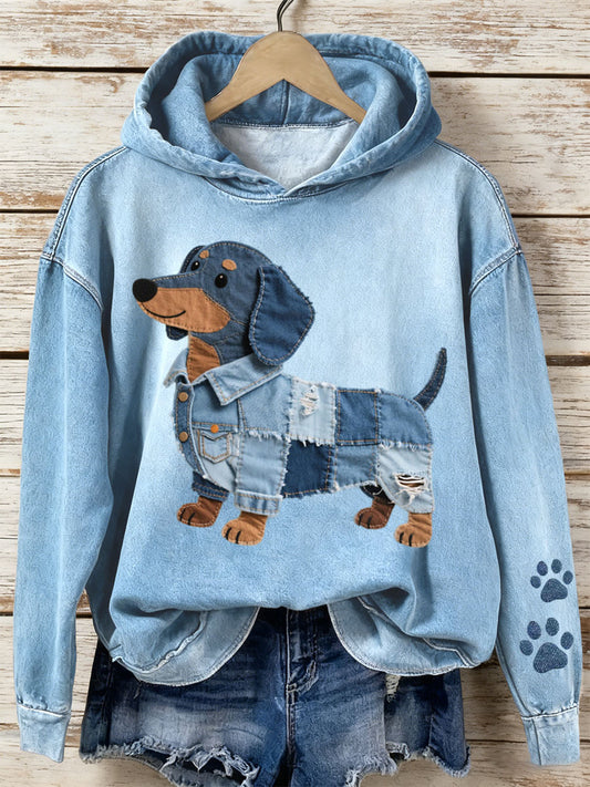 Kvinders Denim Patchwork Art Dachhun Mønster Hoodie