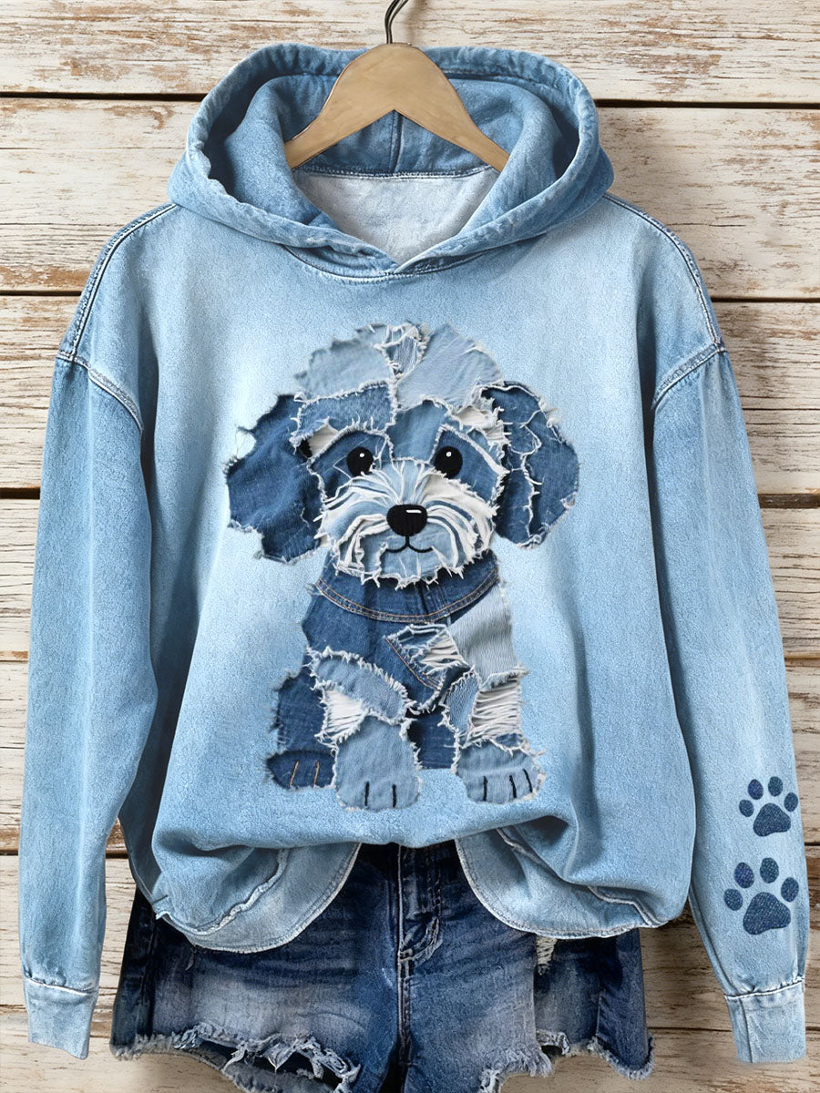 Kvinders Denim Patchwork kunst dejlige hund mønster Hoodies