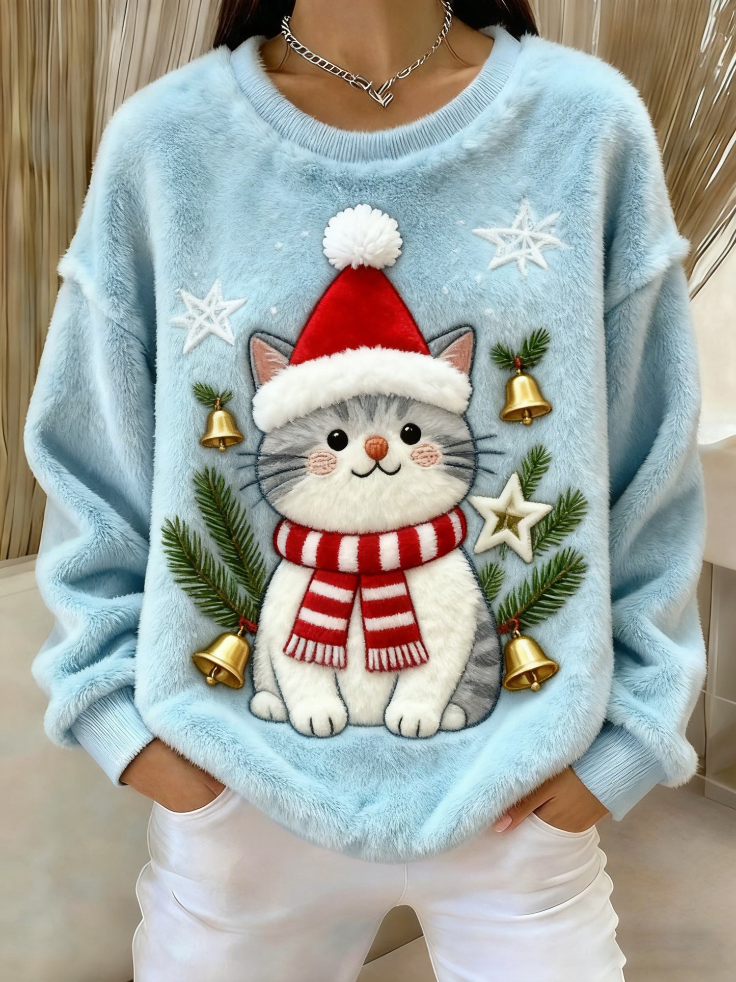 Kvinders Vintage Christmas Cat Printed Flannel Sweatshirt