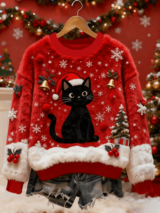 Kvinders Vintage Christmas Black Cat Printed Flannel Sweatshirt