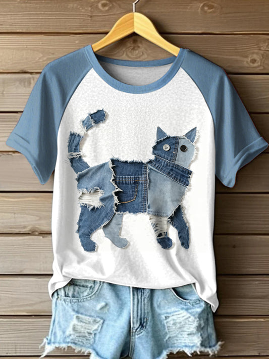 Kvinders Cowboy Collage Animal Trykket Vintage Fashion Loose Kort ærme T-shirt