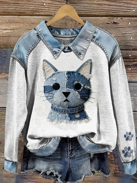 Kvinders Cowboy Collage Animal Trykket Denim Patchwork Lapel Langærmet Sweatshirt