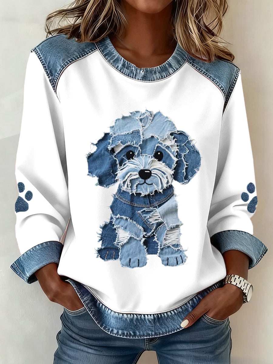 Kvinders dejlige Furry hund mønster Denim Patchwork kunst sweathirt