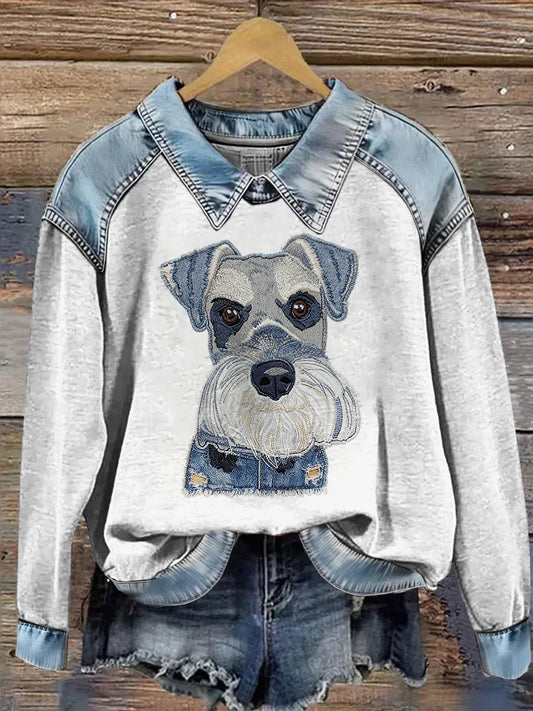 Kvinders Cowboy Collage Animal Trykket Denim Patchwork Lapel Langærmet Sweatshirt