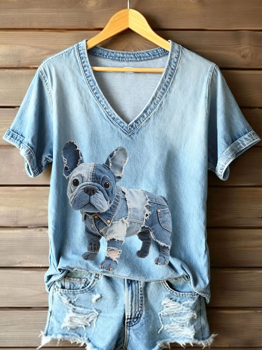 Kvinders Denim Patchwork Art Fransk Bulldog Mønster V-hals T-shirt