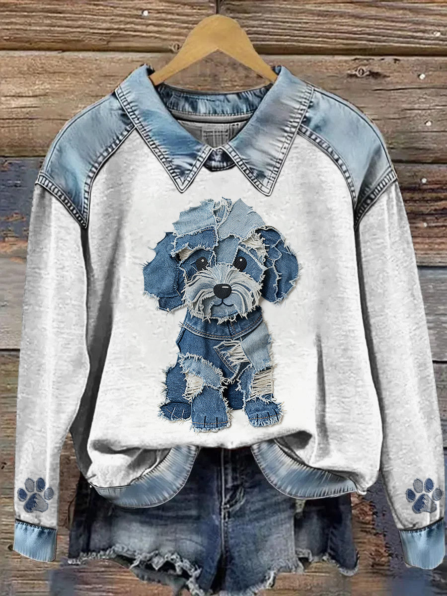 Kvinders Cowboy Collage Animal Trykket Denim Patchwork Lapel Langærmet Sweatshirt