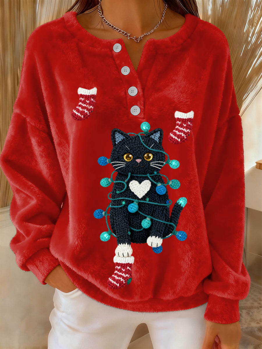 Kvinders Retro jul søde kat sokker Print langærme Flannel Sweater.