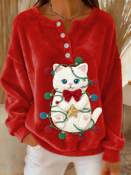 Kvinders Retro jul sød kat Print langærme Flannel sweaterer