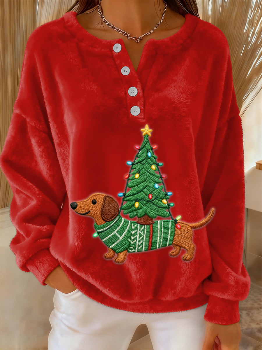 Kvinders Retro Søde Havhund juletræ Print Langærme Flannel Sweater.