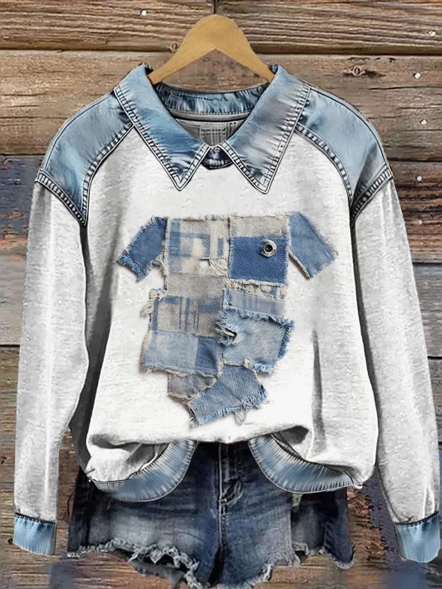 Kvinders dyr trykket Denim Patchwork Lapel Langærmet Sweatshirt