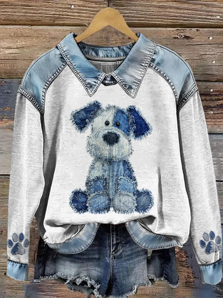 Kvinders dyr trykket Denim Patchwork Lapel Langærmet Sweatshirt