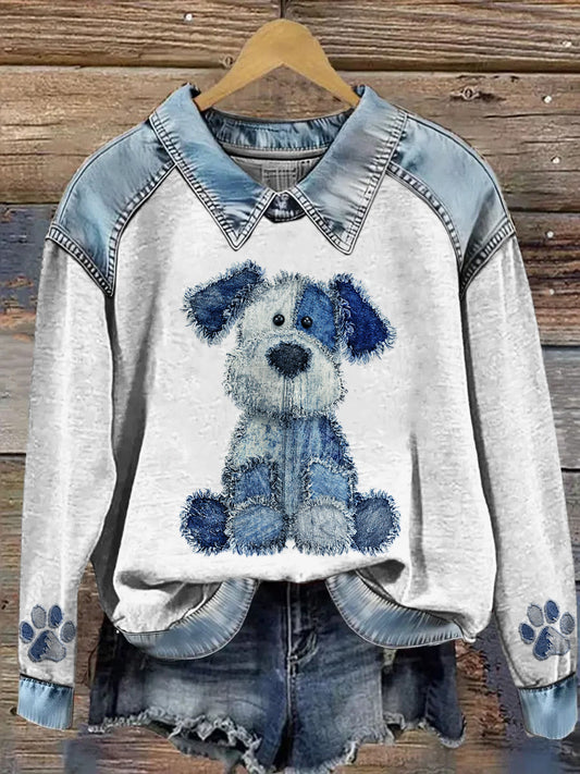 Kvinders dyr trykket Denim Patchwork Lapel Langærmet Sweatshirt