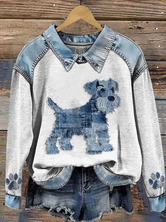 Kvinders dyr trykket Denim Patchwork Lapel Langærmet Sweatshirt