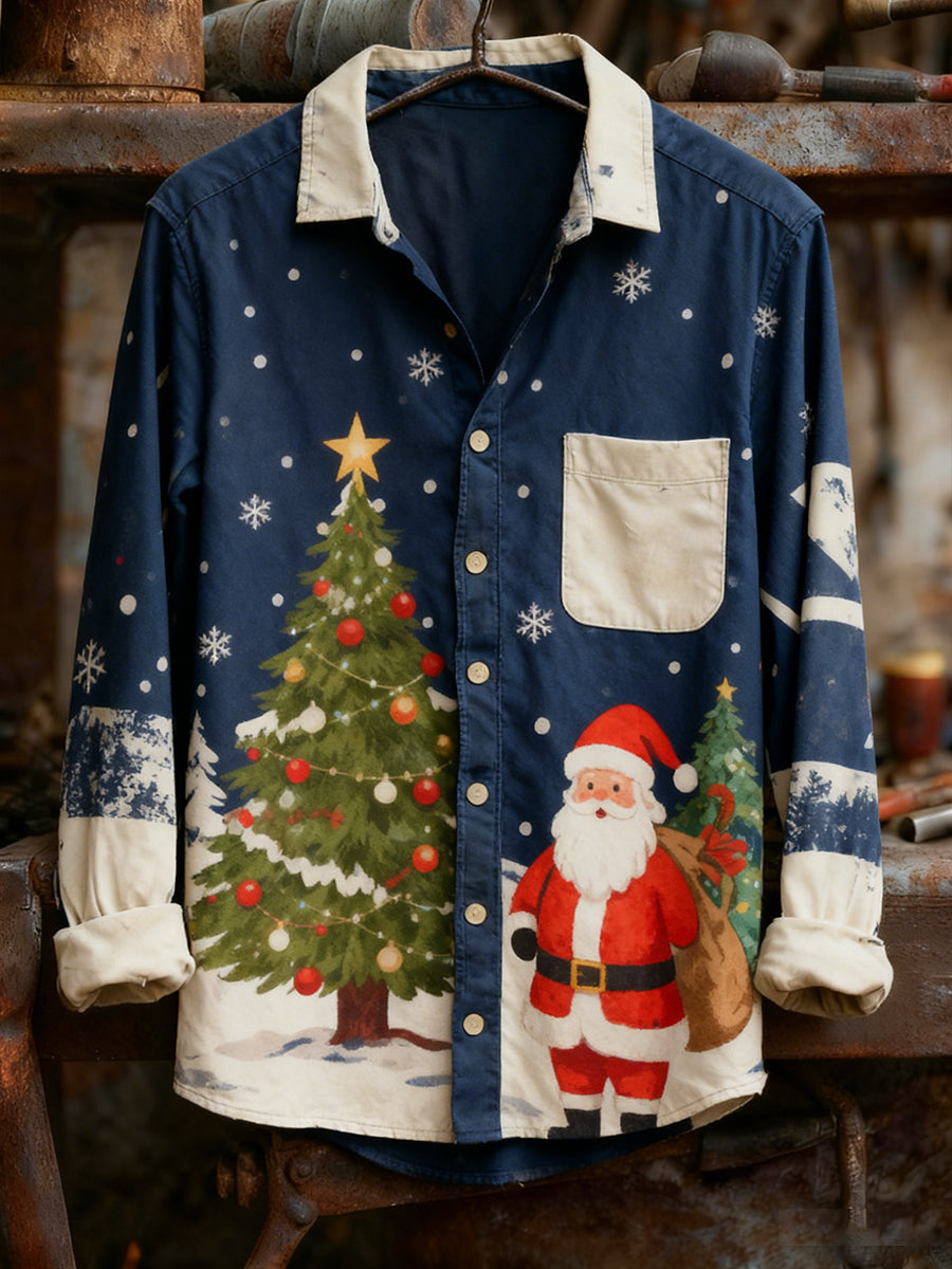 Mænds Vintage Christmas Art Print Casual Comfort Lang ærme skjorte