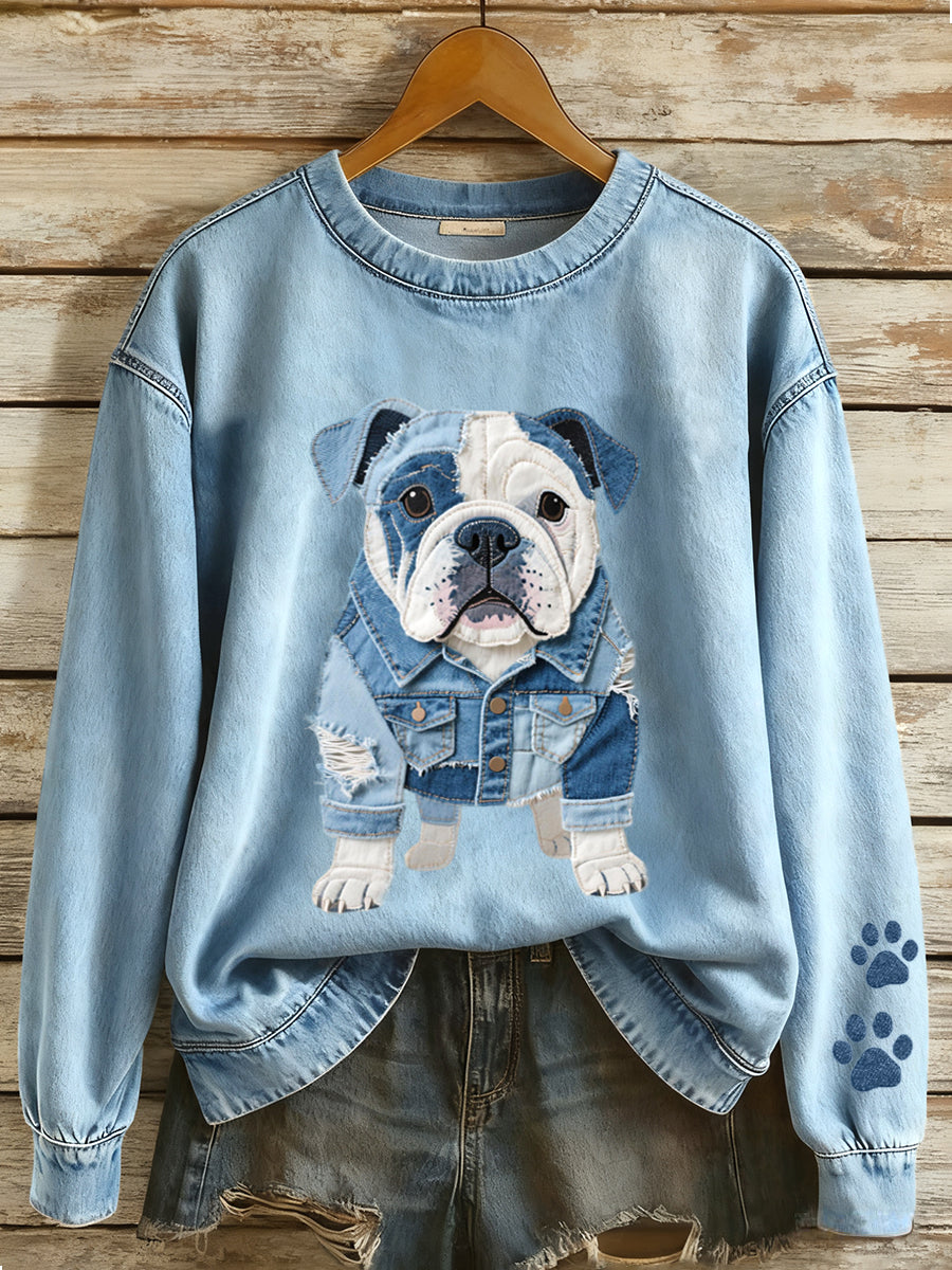 Kvinders Denim Patchwork Art Fransk Bulldog mønster sweatshirt