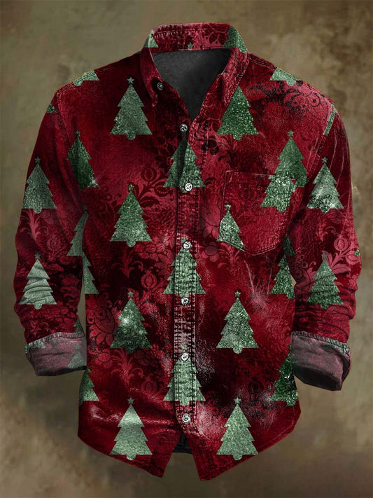 Retro Juletræ Print Casual Lang-Sleeve skjorte