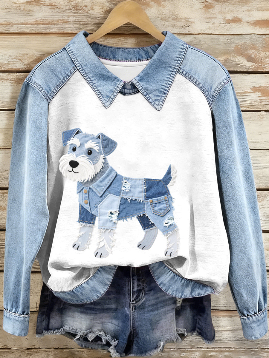 Kvinders Denim Patchwork Schnauzer hunde mønster sweatshirt