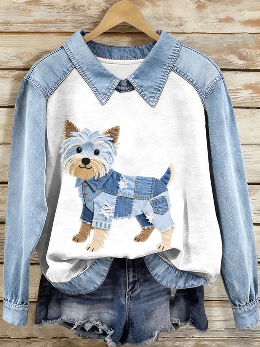 Kvinder Denim Patchwork Yorkshire Terrier Hund mønster sweatshirt