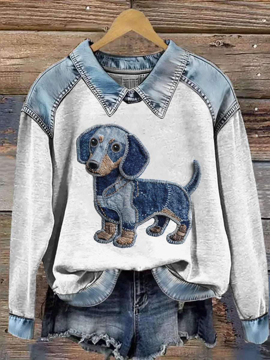 Kvinders dyr Print Patchwork Lapel Lang ærmet sweatshirt