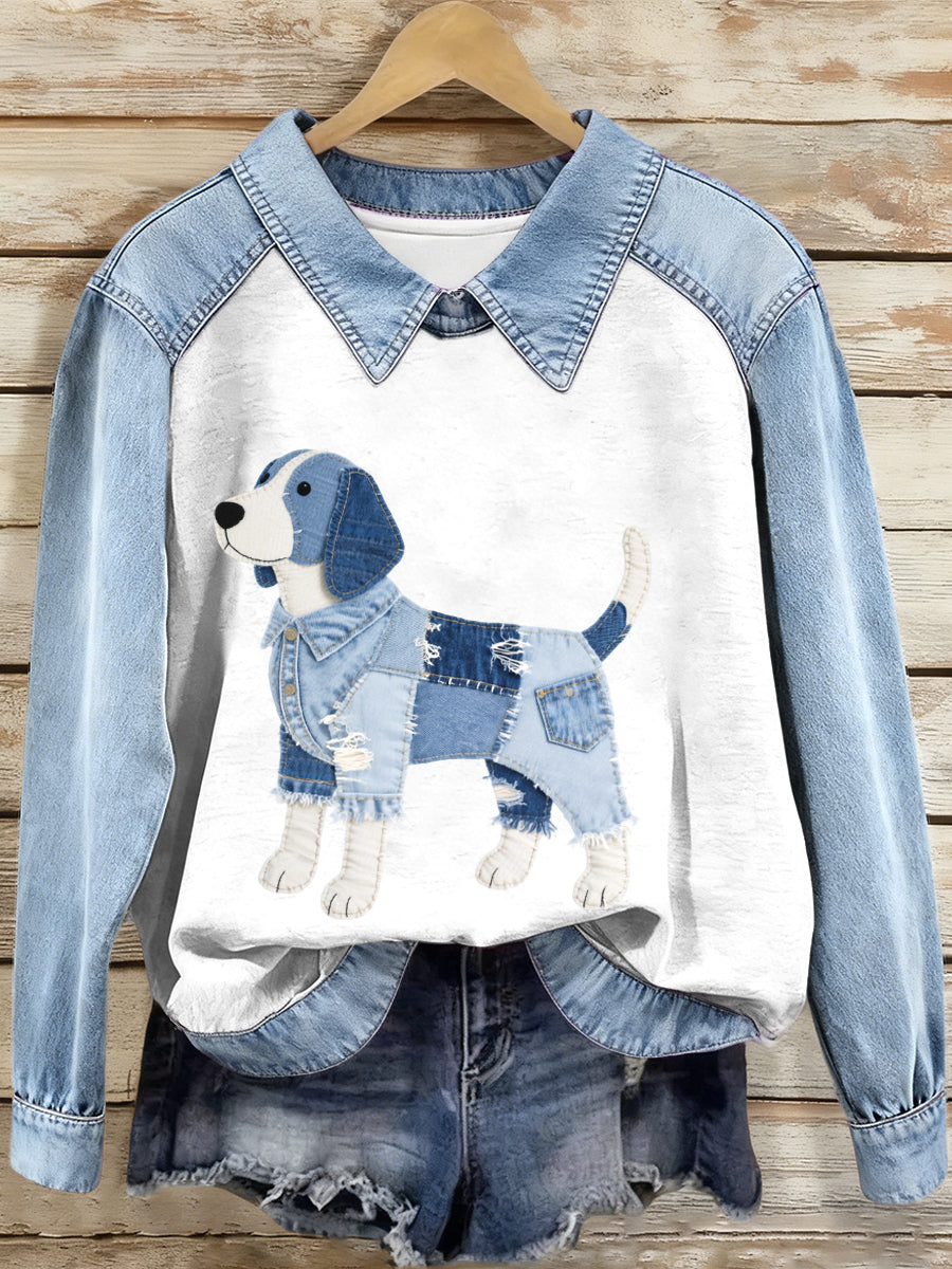 Kvinders Denim Patchwork Beagle hund mønster sweathirt