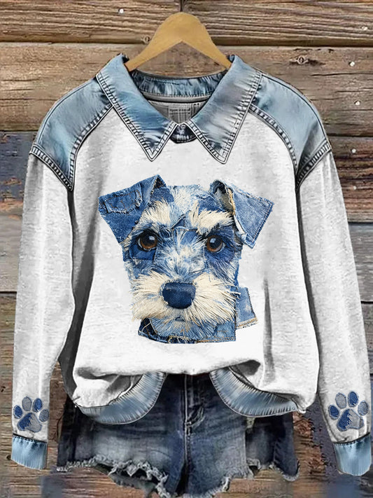 Kvinders dyr Print Patchwork Lapel Lang ærmet sweatshirt