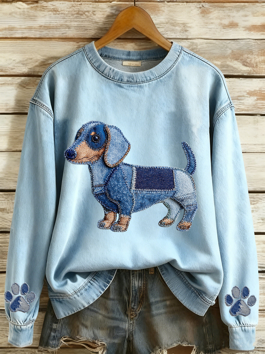 Kvinders Denim Animal Print Rund hals Lange ærmet Sweatshirt