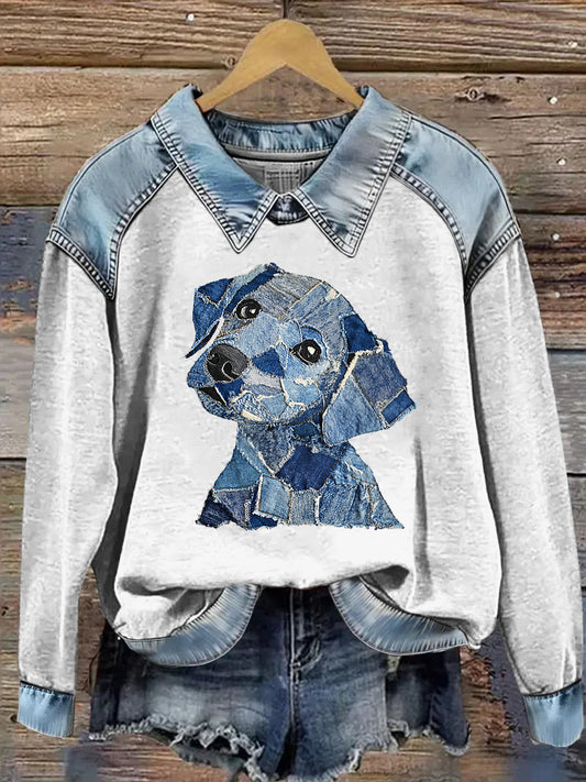 Kvinders dyr Print Patchwork Lapel Lang ærmet sweatshirt