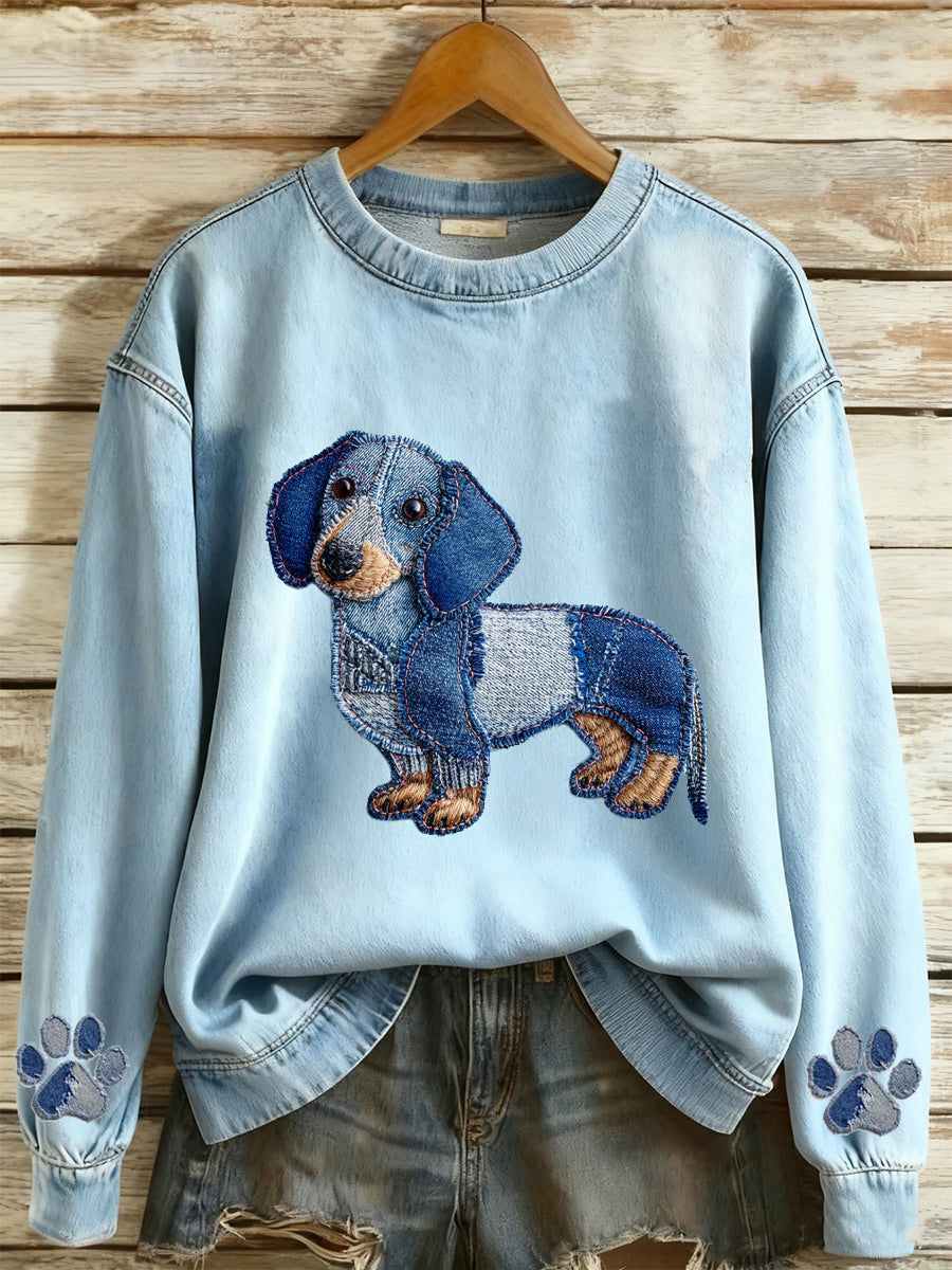 Kvinders Denim Animal Print Rund hals Lange ærmet Sweatshirt
