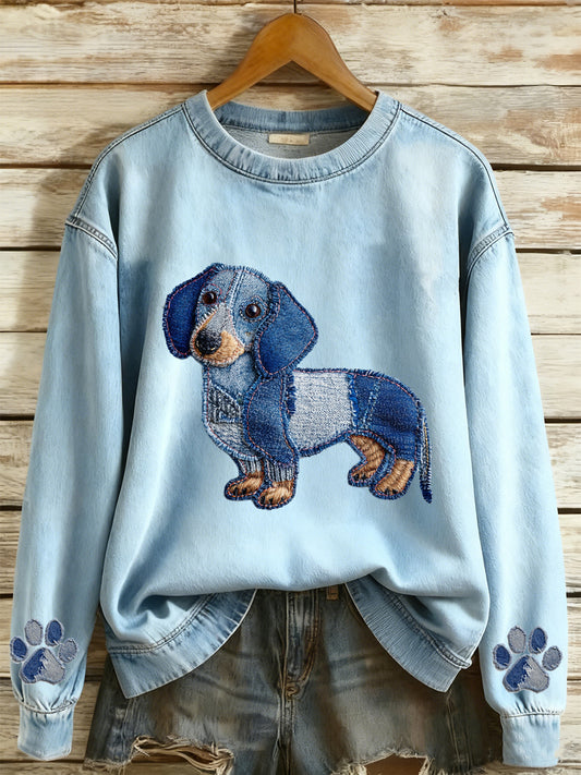 Kvinders Denim Animal Print Rund hals Lange ærmet Sweatshirt