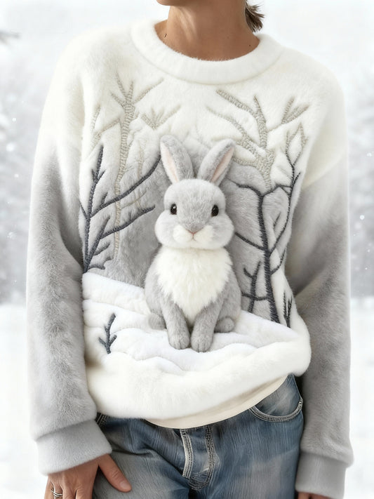Kvinders søde Bunny Print Casual Flannel Sweatshirt