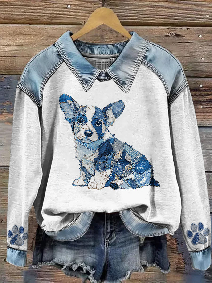 Kvinders dyr Print Patchwork Lapel Lang ærmet sweatshirt