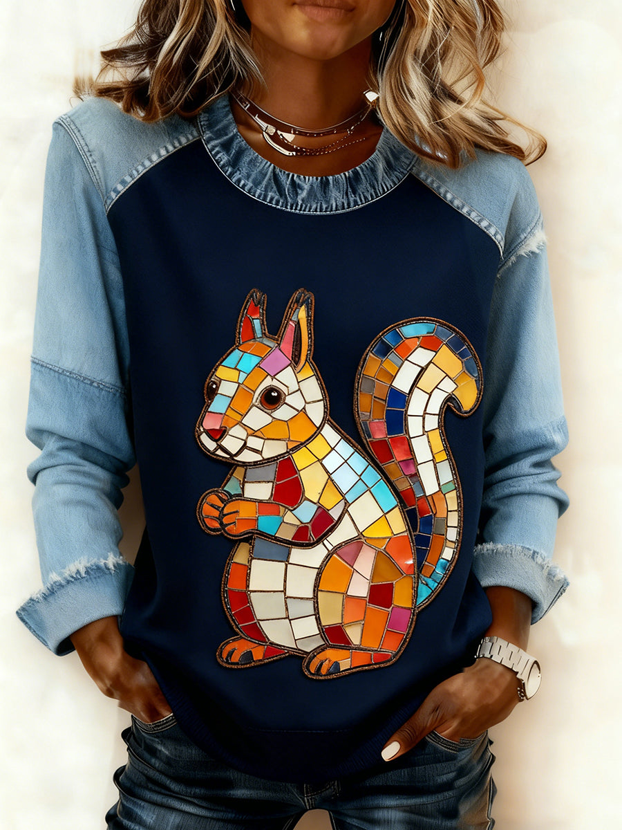 Kvinders Retro Animal Art Print Komfortable Denim Patchwork Sweatshirt