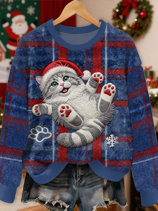 Gorgeous Christmas Cat Mønster Casual Lang ærmet Sweatshirt
